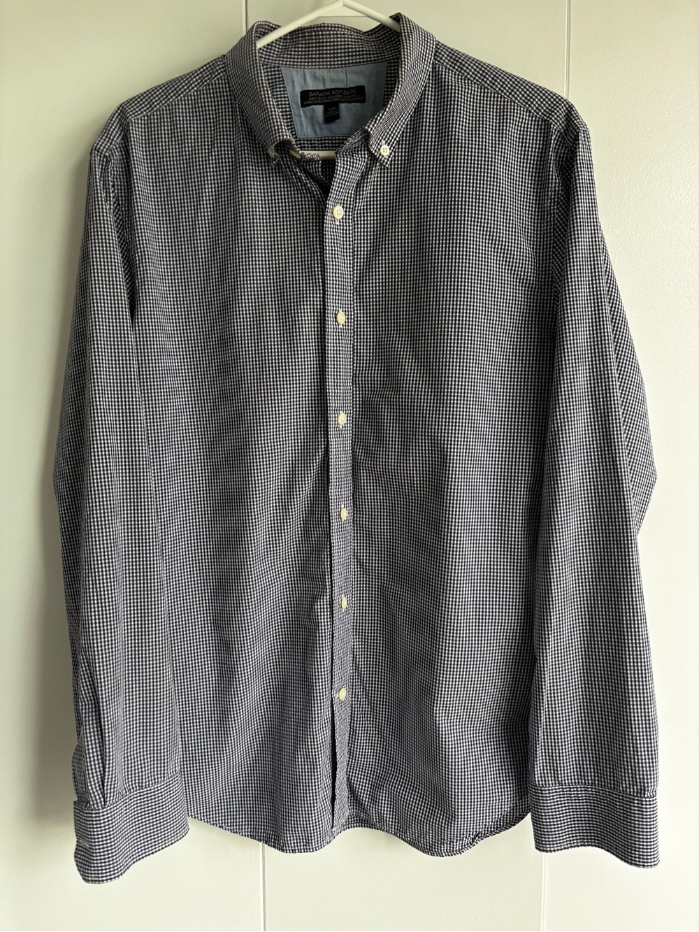 Banana Republic Navy and White Slim fir Micro Check Button-Down Shirt